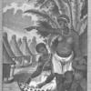 Two females, one pointing away with a child on her arm and looking at female kneeling down using a instrument with holes