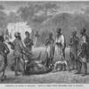 Presenting my spoils to Rumanika. Heads of three white rhinoceros shot in Karague.