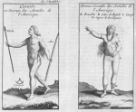 Caraibe ou Sauyage des Antisles de l'Amerique. Fleche, Arc, Caracoli.  Femme Caraibe des Antisles de l'Amerique. A.Bracelets, B.Colier de Rasade, C.Camisa, D.Espece de Brodequins.