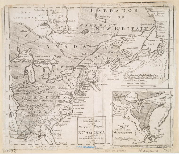 An accurate map of the British Empire in Nth. America as settled by the preliminaries in 1762  J. Gibson. 1762 