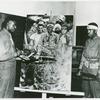 Pvt.  Eugene Johnson of Fort Sheridan Reception Center, with his painting depicting the American Negroes' part in the war effort