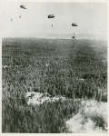 Aerial view of a clearing with soldiers from the African American 555th Parachute Infantry Battalion jumping with parachutes in the distance