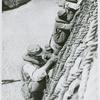 Three African American GI's climbing a rope wall during practice for a sea rescue maneuver, Fort Lawton, Washington