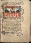 Miniature of Soul shown souls burning in Purgatory, comforted by Prayer.  Initial, border design, rubrics and placemarkers.