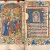 Miniature of Crucifixion and facing text page with historiated initial of the Man of Sorrows