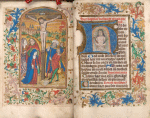 Miniature of Crucifixion and facing text page with historiated initial of the Man of Sorrows