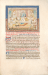 Caesar Augustus, his wife and son at table, receiving homage and gifts from another king, Cosserosach, and his attendant