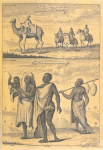 Arabs & Moors riding on their camels, oxen & horses with their Gum Arabic & other goods to sell at Sanaga River; Habit of the Cape de Verde Negroes