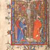 Crucifixion, including Longinus and the Centurion of Capernaum, against a red and gold tesselated background; small cross in the lower margin