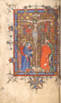Crucifixion, including Longinus and the Centurion of Capernaum, against a red and gold tesselated background; small cross in the lower margin