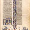 Miniature of the Crucifixion with Mary and John. Genesis initial with the days of creation, Christ and the symbols of the four evangelists, the whole supported by a caryatid with a grotesque on either side
