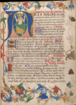 Historiated initial of Christ in Majesty; border includes a cat licking its bottom, a beetle, a moth, a stork and a rabbit, as well as a lion whose design originates in engraved playing cards