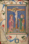 Full page miniature of Crucifixion; John holds what appears to be a book in a chemise binding; the blank shield in the lower margin appears never to have been filled in (one might have expected to find a small cross in this location)