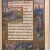 Betrayal at Gethsemane at nighttime, with Judas pointing to the praying Christ, and then kissing him, as Peter sheathes his sword, having cut off Malchus' ear
