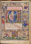 Historiated initial of the Virgin and Child; figures in borders of the Annunciation, Abraham, Aaron and Moses, God the Father. Coat of arms of the Leoni and Savonarola families of Padua