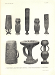 1. Tambour Bambala. -- 2 et 4. Tambours Bangongo, type Buluba. -- 3. Tambour Bangongo, type Musumba. -- 5. Tambour Bakongo. -- 6. Tambour Bambala, type Bukita, datant du règne du chef Bom Bosh. -- 7. Trône des Grands Chefs Bambala. -- 8. Tambour Bambala.