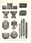 1, 2, 4 et 5. Boîtes à fards Bangendi. -- 2. Boîtes à fards Bangongo. -- 6 et 7. Hanapes à l'huile Bambala. -- 8, 9 et 10. Boîtes Bambala. -- 11 à 14. Poteaux de maison Bambala.