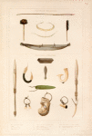 Nouvelle-Hollande: 1. Hache du port du Roi Georges., 2. Couteau   id., 3. Segate de la baie Jerois., 4. Piroque d ecorce   id., 5. Collier en fétu de jone de la baie Jerois., 6. Collier en coguilles   id., Nouvelle-Zélande: 7. 8. Arnes de l'anse du massacre., 9. 10. Hamecons de l'anse de l'anse de l'Astrolabe., 11. 12. 13. Boucles d' oreilles de l'anse de l'Astrolabe., 14. 15. Mortier et pilen pour broyer la racine de fpigére., 16. Poënamou ornament de col., 17. Dent de pore   id.