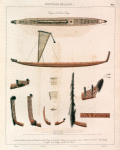 Nouvelle Zélande. Piroque de la baie Tolaga. 1. 2. 3. 4. 5. Avants et arriéres., 6. 7. Cissus de voiles des Pirogues de la baie colaga et des environs., 8. 9. 10. Avants et Arriéres et bas Pieliefs.