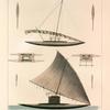 Tonga-Tabou. 1. Grande Pirogue à balancier, rommée vaca., 2. Plan de la pirogue à  balancier., 3. Pirogue double nommée calie appartenant au chef Palou., 4. Plan la piogue double., 5. Grands avirons servant à gouverner., 6. Godilles verticales.