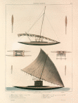 Tonga-Tabou. 1. Grande Pirogue à balancier, rommée vaca., 2. Plan de la pirogue à  balancier., 3. Pirogue double nommée calie appartenant au chef Palou., 4. Plan la piogue double., 5. Grands avirons servant à gouverner., 6. Godilles verticales.