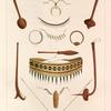 Viti. 1. 2. 3. Ornemens de col., 4. Are et flêches., 5. Collier de dents humaines., 6. Collier de coguilles., 7. 8. Bracelets., 9. Ceinture de femmel., 10. 11. 12. 13. 14. Divers casse-têtes et Massues.