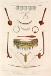 Viti. 1. 2. 3. Ornemens de col., 4. Are et flêches., 5. Collier de dents humaines., 6. Collier de coguilles., 7. 8. Bracelets., 9. Ceinture de femmel., 10. 11. 12. 13. 14. Divers casse-têtes et Massues.