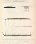 Viti et Nouvelle-Irlande. 1. Pirogue à plate forme des îles viti., 2. Petite pirogue., 3. Grande pirogue du hâvre carteret., 4. Plan de cette pirogue.