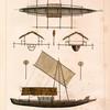 Nouvelle Guinée. 1. Plan d'une pirogue du Port Dorey., 2. Vue par l'arriére., 3. Coupe  verticale., 4. Petite pagaie., 5. 5. Grande pagaie., 6. Autre Pirogue du port Dorey.
