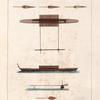 Nouvelle-Irlande et Nouvelle-Guinée. 1. Petite Piogue du Hâbre tarteret., 2. 3. 4. Pagaies., 5. Pirogue de la Côte du nord de la Nelle Guinêe., 6. Plan de cette Pirogue., 7. Vue de l' avant., 8. Pagaie.