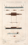 Nouvelle-Irlande et Nouvelle-Guinée. 1. Petite Piogue du Hâbre tarteret., 2. 3. 4. Pagaies., 5. Pirogue de la Côte du nord de la Nelle Guinêe., 6. Plan de cette Pirogue., 7. Vue de l' avant., 8. Pagaie.