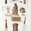 Nouvelle Guinée. 1. 2. Idoles de col., 3. 4. Figures tumulaires., 5. Chapeau de Guerre., 6. Coutelas de Ceinture., 7. Pointes de Fléche., 8. Marmite de terre. 9. Bracelet d' Argent., 10. Boile á Bétet., 11. Tamtam., 12. Peiges.