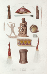 Nouvelle Guinée. 1. 2. Idoles de col., 3. 4. Figures tumulaires., 5. Chapeau de Guerre., 6. Coutelas de Ceinture., 7. Pointes de Fléche., 8. Marmite de terre. 9. Bracelet d' Argent., 10. Boile á Bétet., 11. Tamtam., 12. Peiges.