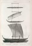 Amboine. 1. Petite pirogue des Mailais., 2. Plan de cette pirogue., 3. Grande pirogue de pêche.