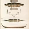 Amboine.: 1. Plan de la Pirogue  représentée Planche 141; 2. Coupe vertical; 3. Assemblage des trois mâts; 4. Pagaie; 5. Pirogue Malaise.