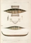 Amboine.: 1. Plan de la Pirogue  représentée Planche 141; 2. Coupe vertical; 3. Assemblage des trois mâts; 4. Pagaie; 5. Pirogue Malaise.