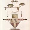 Iles Carolines.: 1. Grand pres casolin, plan; 2. Coupe pax la moitié; 3. Plan de la Chrpente gui unit les deux plates-forme e; 4. Gouvernail; 5. Pagaie; 6. Escope en tissu très serré.