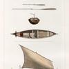 1. 2. Profil et plan d'une pirogue chinoise de java; 3. 4. Arriere et plan d'un bateau javanait; 5. 6. Avoront.