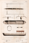 Célèbes.: 1. Pirogue de manado; 2. Avant; 3. Coupe; 4. Pgari; 5. Pirogue du lac de tondano plan; 6. Pirogue id de tondano profil; 7. Pirogue du id de tondano coupe; 8. Pagari en ébéne.