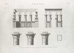 Île de Philæ. Plan, coupe, élévation et détails de trois chapiteaux de l'édifice de l'est.