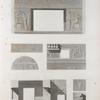 Thèbes. Medynet-Abou [Medinet Habu]. 1. Coupe du second étage du pavillon; 2-7. Détails de coupes et de sculptures du pavillon.