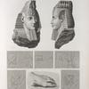 Thèbes. Memnonium [Ramesseum]. 1-7. Détails de chars sculptés su r le 1-er pylône et tête de l'une statues du tombeau d'Osymandyas; 8. Débris du pied de la statue colossale d'Osymandyas.