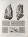 Thèbes. Memnonium [Ramesseum]. 1-7. Détails de chars sculptés su r le 1-er pylône et tête de l'une statues du tombeau d'Osymandyas; 8. Débris du pied de la statue colossale d'Osymandyas.