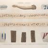 Thèbes. Hypogées. 1.3.5.9. Fragmens coloriés; 2.4. Bras et bandelette de momie; 6-8. Briques portant des hiéroglyphes imprimés.