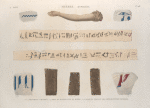 Thèbes. Hypogées. 1.3.5.9. Fragmens coloriés; 2.4. Bras et bandelette de momie; 6-8. Briques portant des hiéroglyphes imprimés.