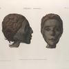 Thèbes. Hypogées. Profil et face d'une tête de momie de femme.