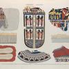 Thèbes. Hypogées. 1-3.6-8. Peintures dessinées d'après des enveloppes de momies; 4.5. Détails d'une frange d'une toile rayée, trouvées sur des momies.