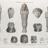 Thèbes. Bybân el-Molouk [Bîbân al-Mulûk]. 1-6. Statues et fragmens de granit noir et de granit rouge trouvés dans les tombeaux des rois à l'ouest; 7-15. Couvercles de vases trouvés dans les hypogées.