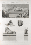 Thèbes. Karnak. 1-3. Vue et détails de l'un des sphinx placés à l'entrée principale du palais; 4. Détail de l'un des sphinx de l'allée du sud; 5. Petit torse en granit trouvé près de la porte du sud.