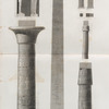 Thèbes. Karnak. 1. Détails des piliers caryatides du temple dépendant du palais; 2-8. Détails des colonnes de la salle hypostyle et de la galerie, du grand obélisque et des stèles du palais.